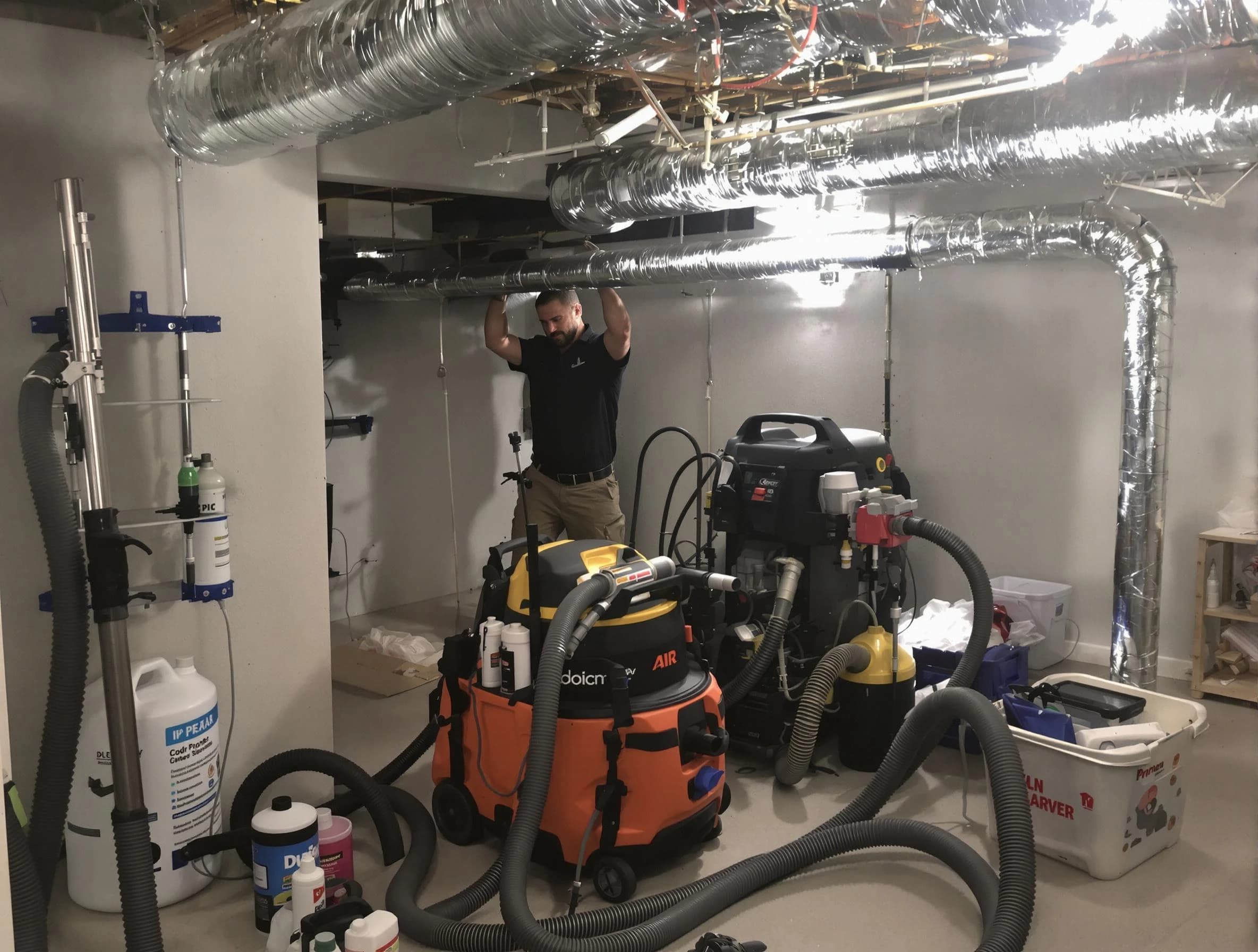 Superior Air Duct Cleaning specialist performing professional mold removal from air ducts using safety equipment in Superior
